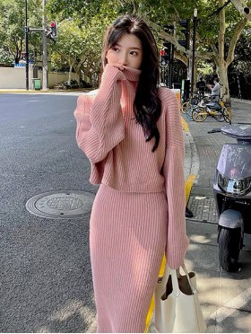 Solid Color Ribbed Sweater and Dress Set
